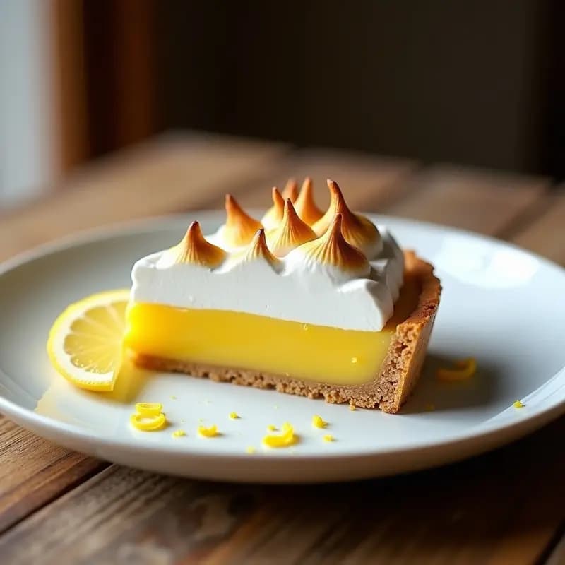 Tarta de limón merengada portuguesa con base dorada de almendra, relleno amarillo cremoso de limón y merengue italiano tostado en picos, servida en plato blanco rústico con rodajas de limón fresco al lado.