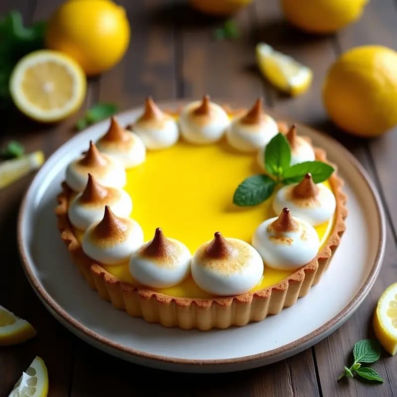 Tarta de limón francesa vegana con base de avellana y dátiles, relleno cremoso de limón y merengue de aquafaba tostado, servida en porción sobre plato blanco con rodajas de limón fresco.