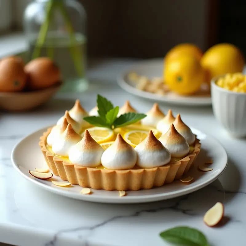 Tarta de limón vegana con meringue dorado y base de galleta de almendra, decorada con almendras fileteadas tostadas. Postre francés elegante y crujiente sin huevo.