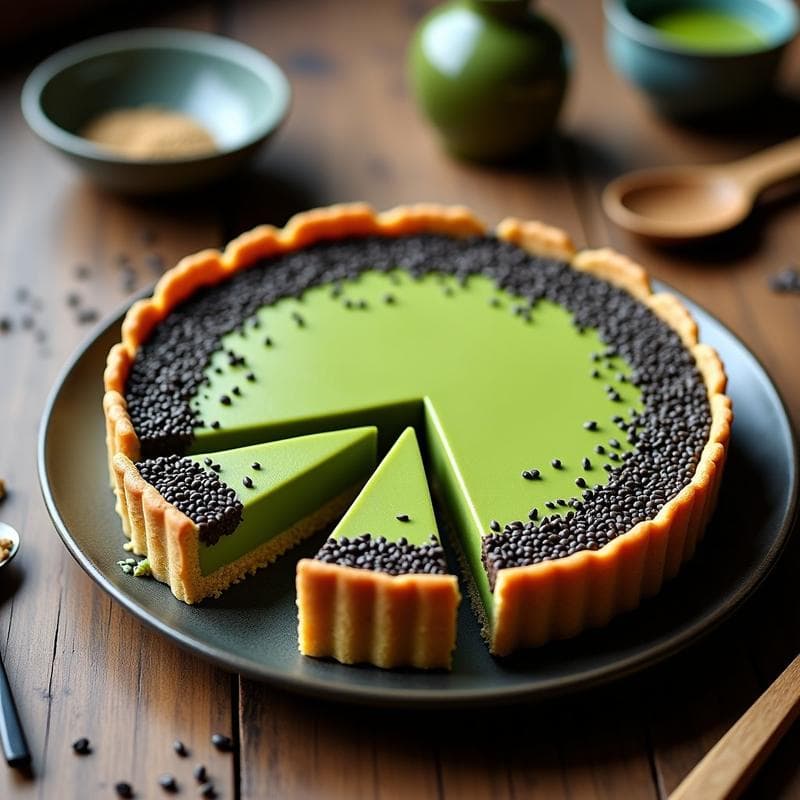 Tarta de matcha y black sesame sin horno en molde desmontable, con capas verdes y negras bien definidas, base dorada de almendra y coco, y semillas de sésamo negro tostado espolvoreadas por encima. Postre japonés bajo en carbohidratos sobre fondo de madera rústica.