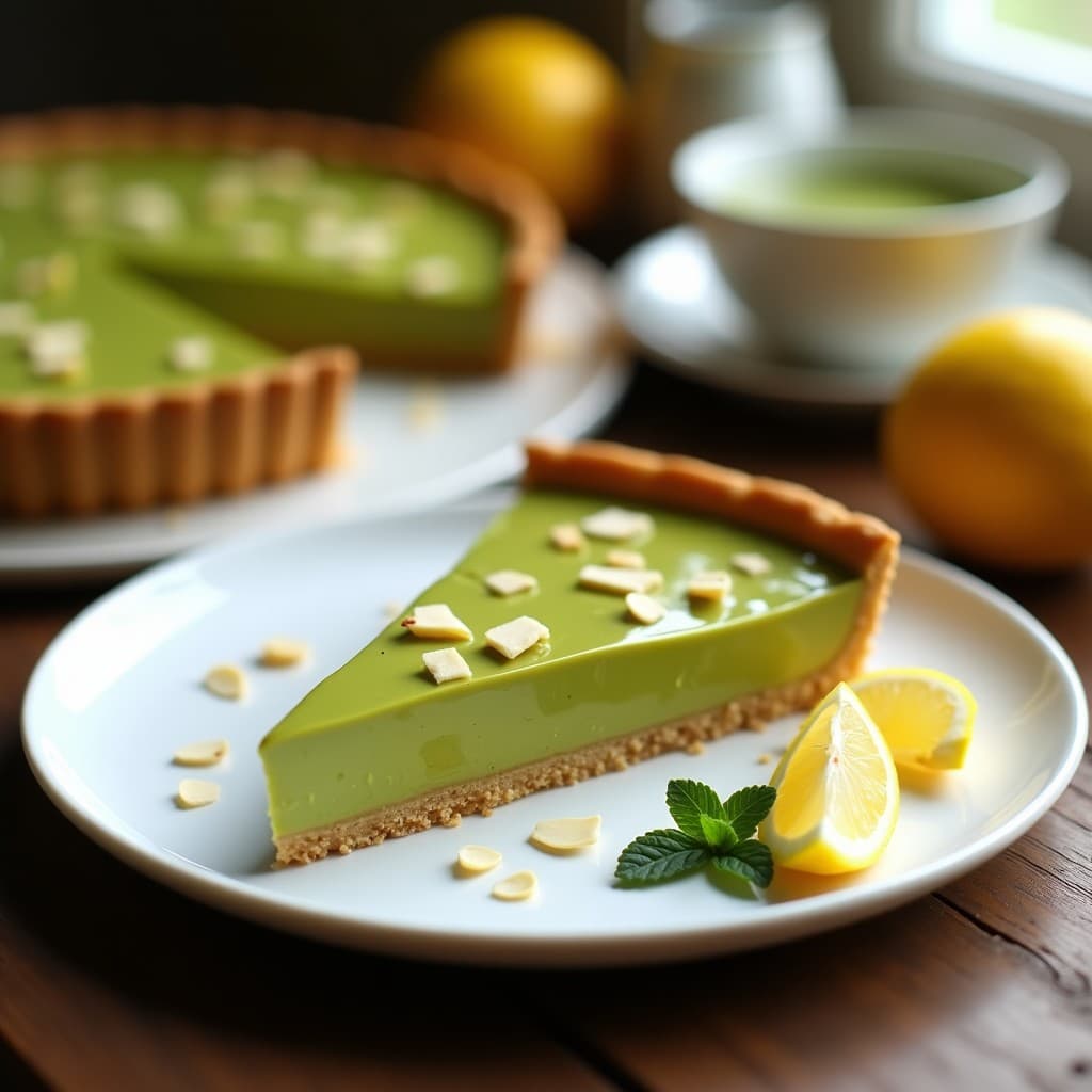 Tarta francesa de matcha y limón con base de almendra sin gluten y sin azúcar, servida en plato blanco con topping de limón y virutas de almendra tostada, sobre fondo rústico de madera.