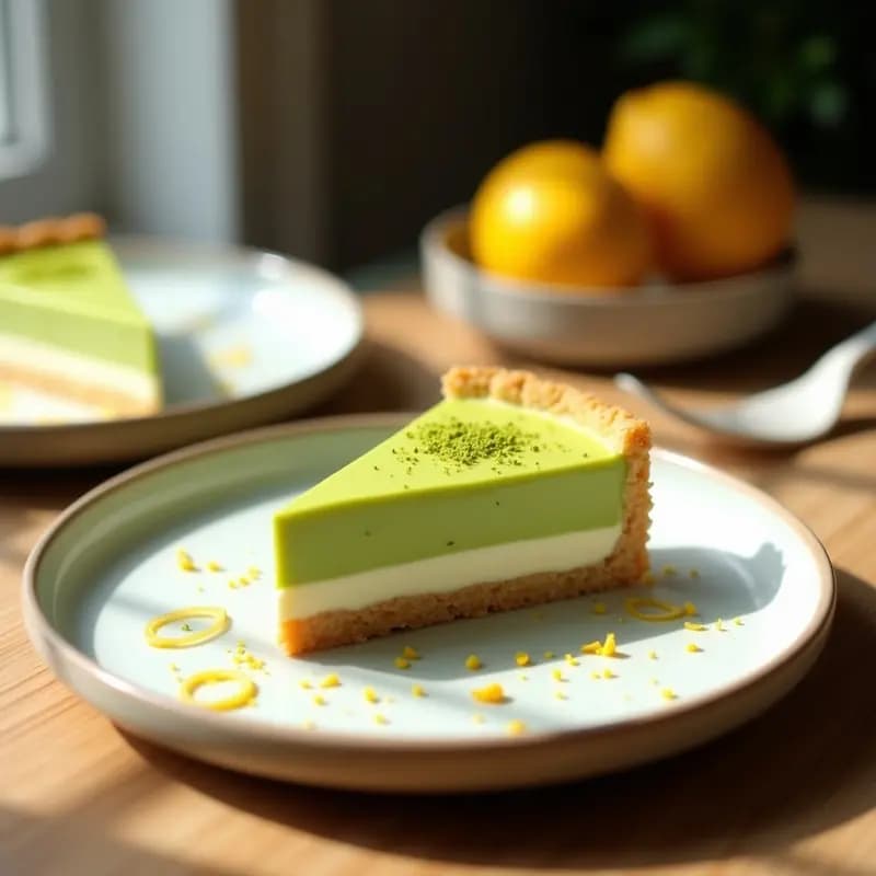 Tarta de matcha y yuzu con base de galleta de arroz, cortes limpios mostrando capas verdes y amarillas, decorada con polvo de matcha y ralladura de limón sobre un plato blanco.