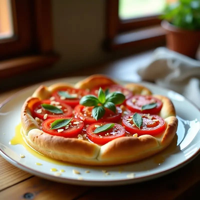Tarta rústica de pan tostado con una capa rojiza de tomate y ajo, espolvoreada con almendras fileteadas y hojas de albahaca fresca, receta tradicional catalana.