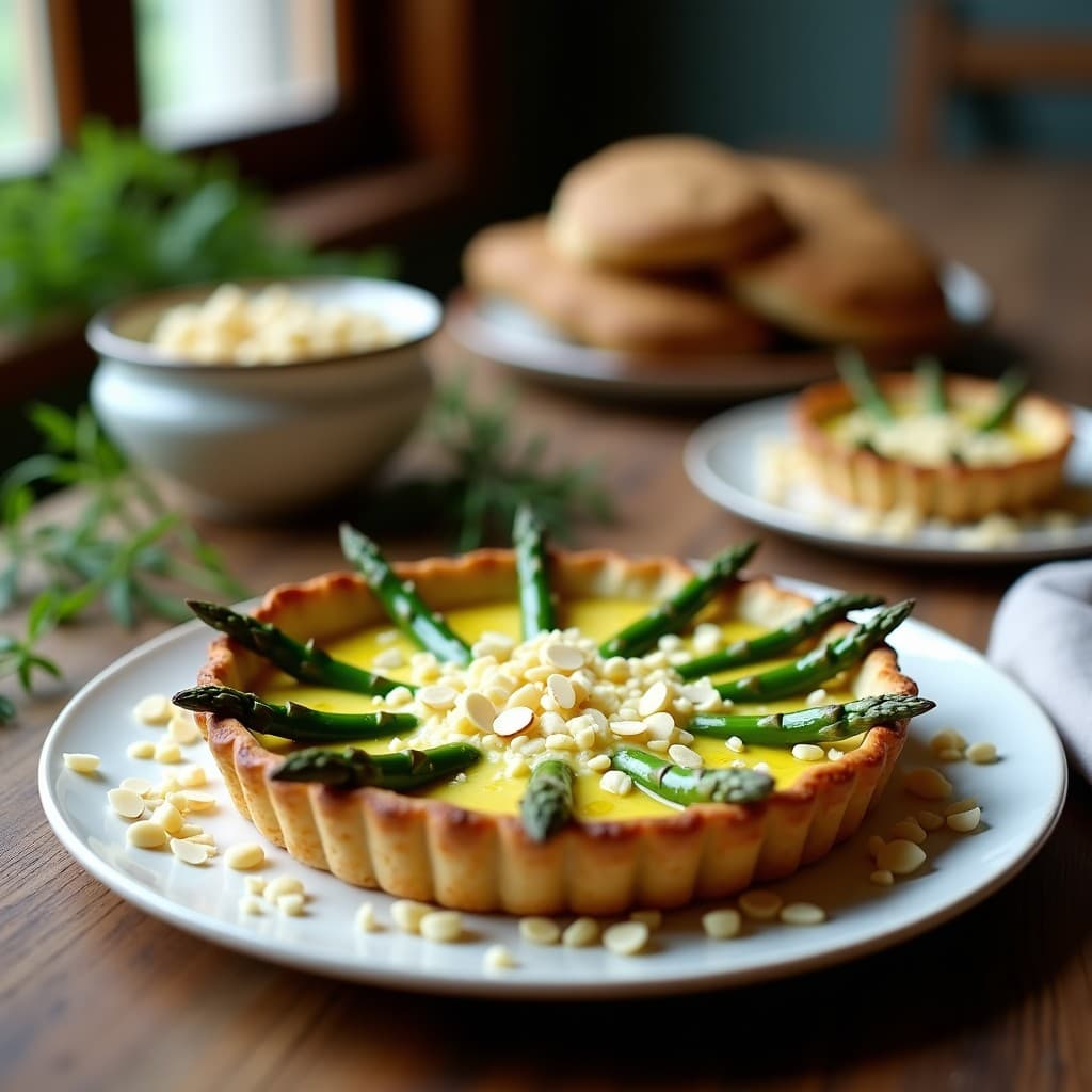 Tarta de ricotta y espárragos verdes con base de almendras dorada, postre salado sin harina, servida en plato blanco con decoración de hinojo fresco y virutas de almendra.
