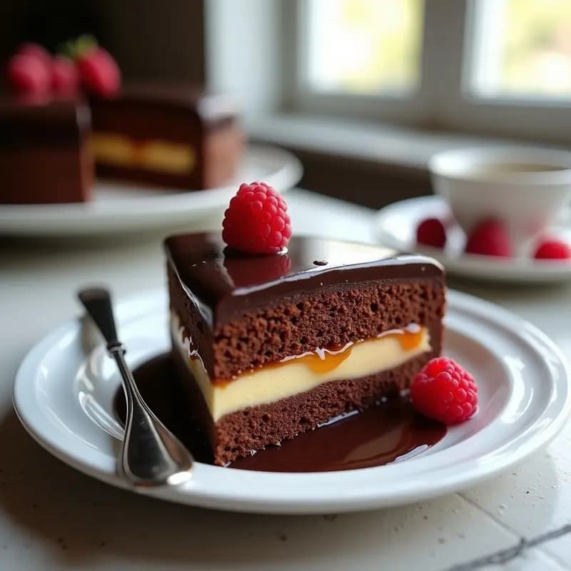 Tarta Sacher tradicional vienesa en plato blanco, con cobertura brillante de chocolate negro y capas visibles de bizcocho y mermelada de albaricoque.
