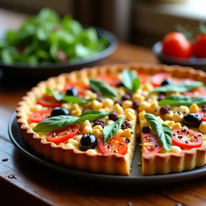 Tarta salada dorada en molde redondo, con trozos de alcachofas y aceitunas kalamata visibles en la superficie crujiente, espolvoreada con semillas de sésamo y perifollo fresco. Plato de fondo blanco con detalles rústicos, iluminación natural que resalta los colores vibrantes de la receta mediterránea vegana.