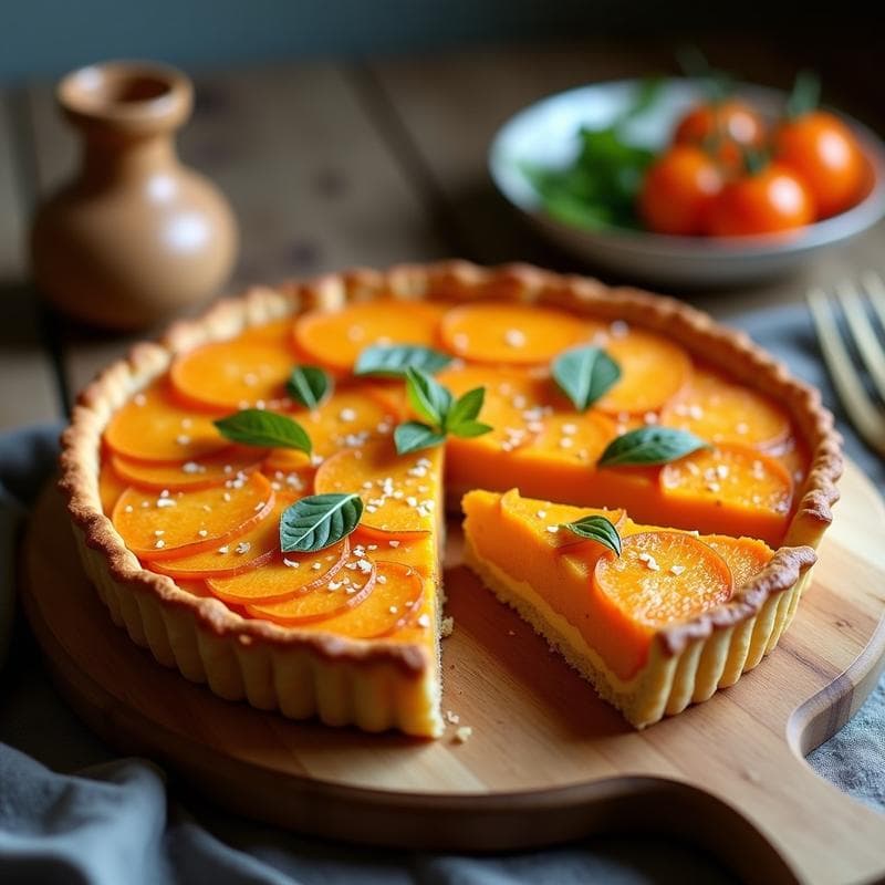 Tarta salada francesa sin gluten con costra dorada de almendra, rellena de capas de batata naranja y puerros tiernos, servida en molde desmontable sobre tabla de madera.