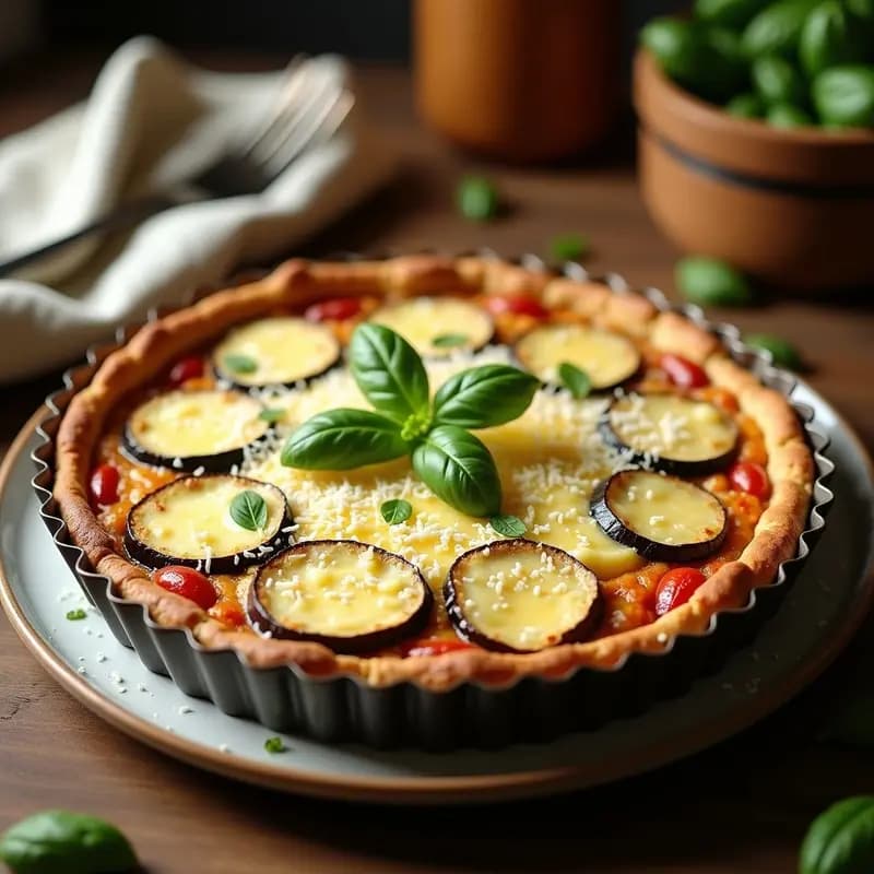 Tarta salada de berenjena y parmesano sin gluten horneada en molde redondo, con superficie dorada y decorada con hojas de albahaca fresca.