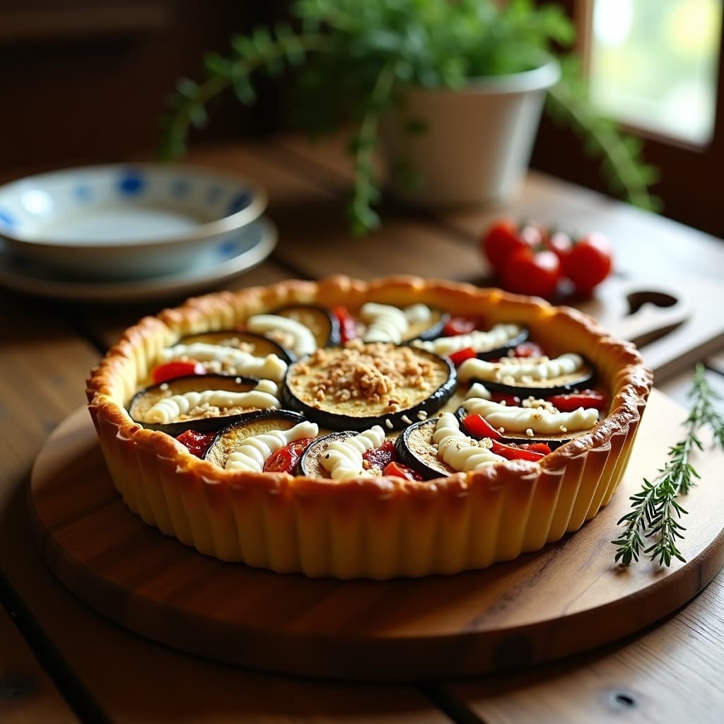 Tarta salada de berenjena en molde redondo, con capas visibles de berenjena asada, queso de cabra y almendras doradas. Ideal para tupper y alta en fibra.