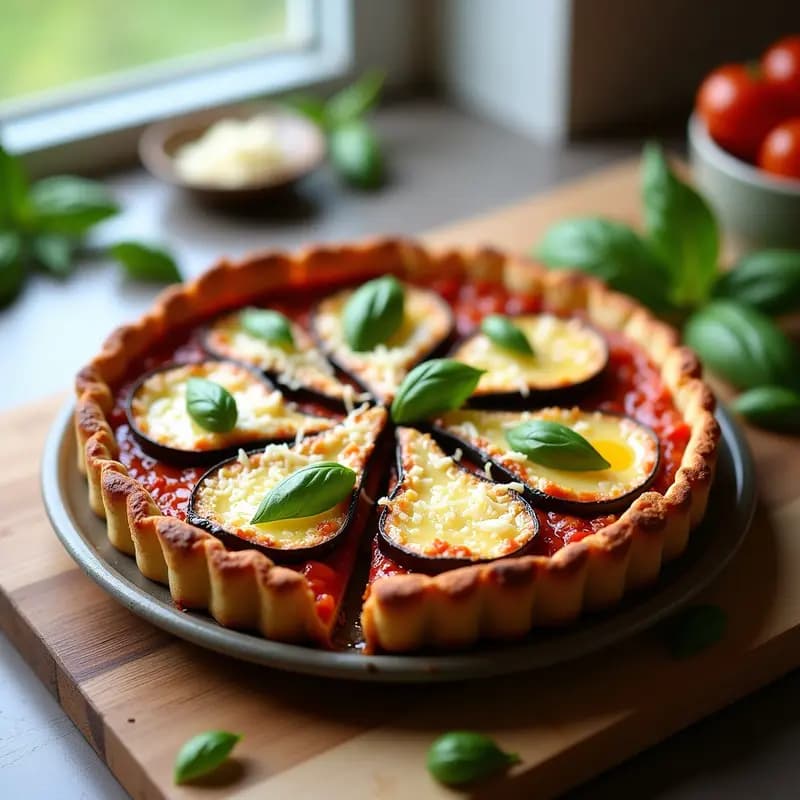 Tarta salada de berenjena en molde redondo, con capas visibles de berenjena asada, queso fundido y tomate, lista para servir en porciones para tupper.