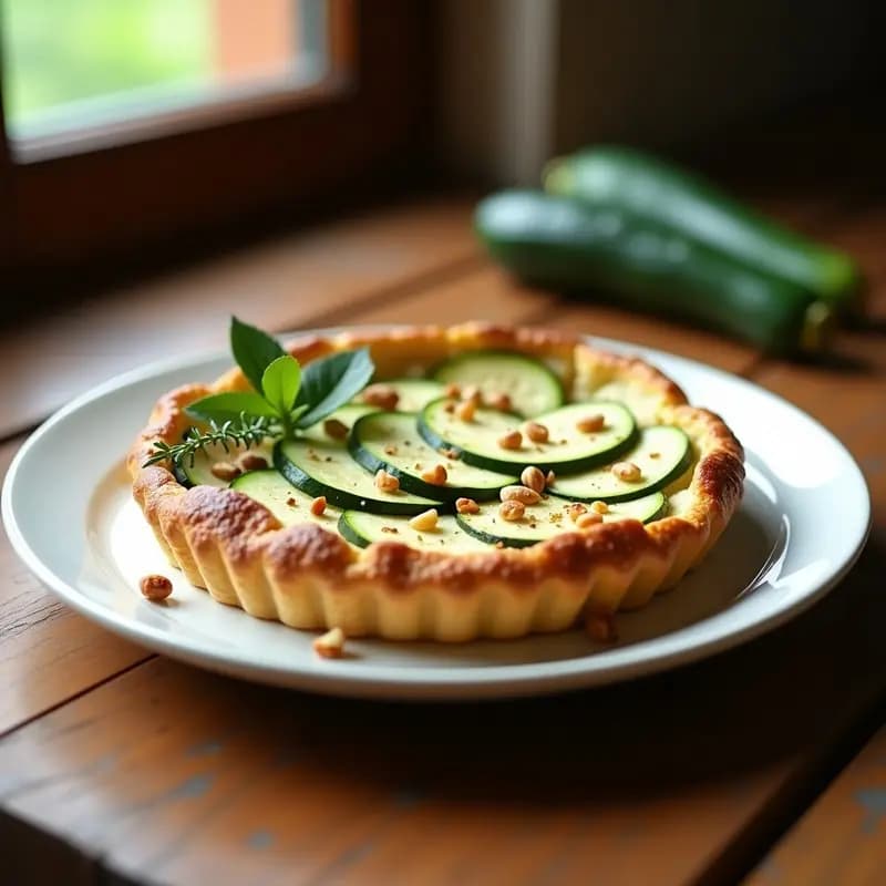Tarta salada de calabacín y queso de cabra en molde redondo, con base dorada de harina de almendra y relleno cremoso decorado con piñones, receta sin gluten.