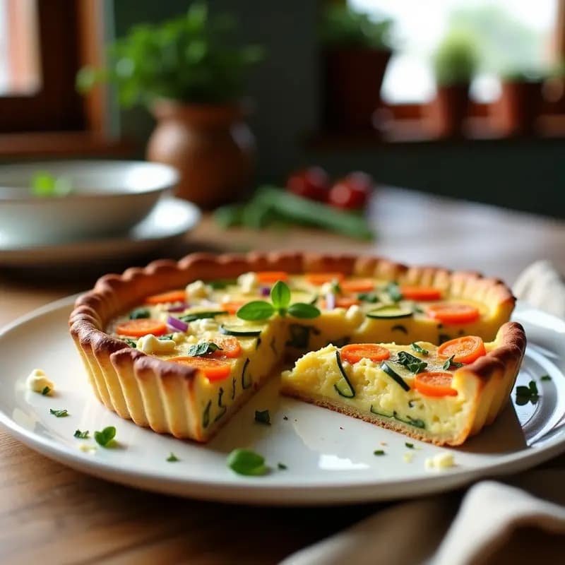 Tarta salada dorada de calabacín y zanahoria sin gluten, cortada en porciones, con trozos de queso de cabra visibles y hierbas provenzales por encima, servida en plato blanco rústico.