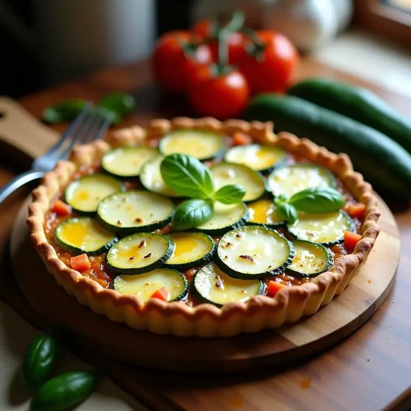 Tarta salada de calabacín y zucchini sin masa, horneada en molde redondo, con capas visibles de verduras y queso dorado, servida en plato rústico.