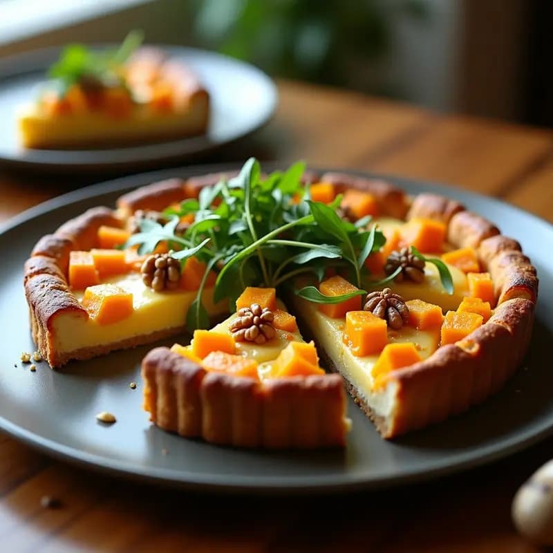 Tarta salada dorada en molde redondo con capas visibles de calabaza asada, queso de cabra y huevo cuajado, coronada con rúcula fresca, nueces picadas y un hilo de miel brillante.