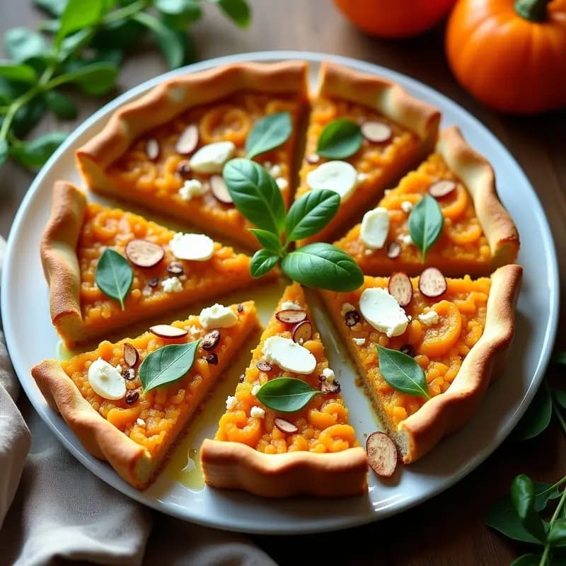 Tarta salada de calabaza y quinoa horneada, dorada y esponjosa, con trozos de calabaza asada y queso de cabra desmenuzado. Servida en plato blanco con hojas de rúcula fresca y almendras tostadas por encima.