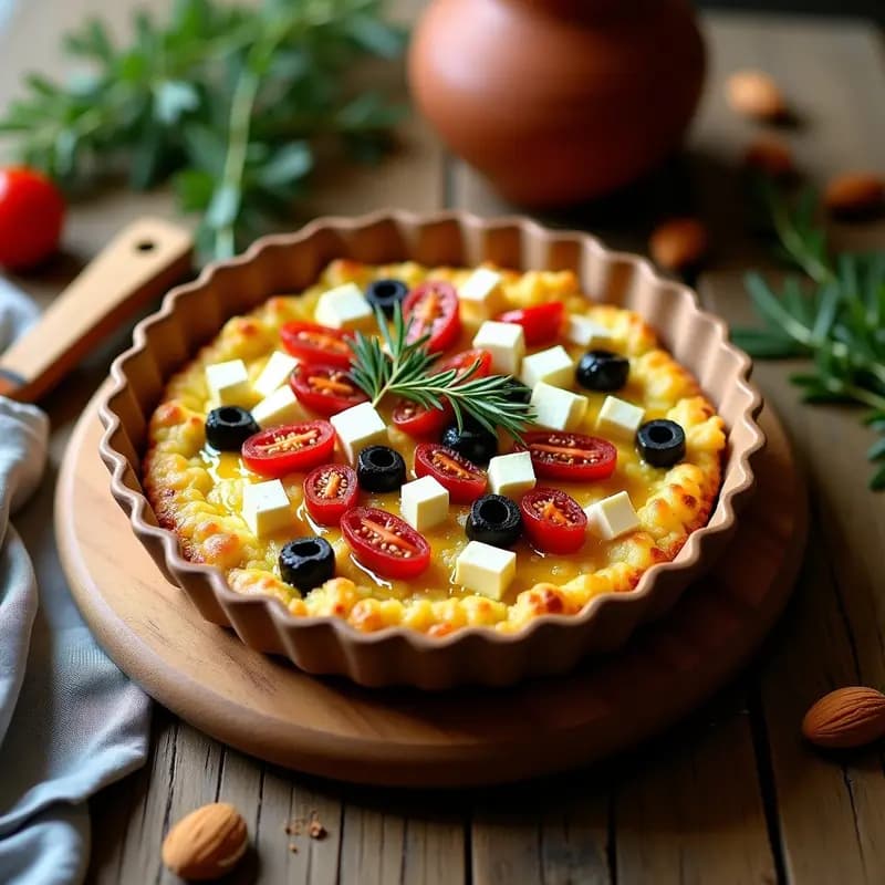 Tarta salada griega sin masa de coliflor dorada con aceitunas Kalamata, tomates secos y queso feta gratinado, servida en molde de cerámica sobre tabla de madera rústica.