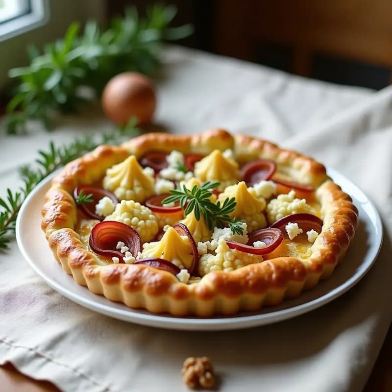 Tarta salada dorada con base crujiente, rellena de coliflor asada, cebolla morada, queso gorgonzola desmenuzado y nueces picadas, servida en un plato de cerámica blanca sobre un mantel de lino.