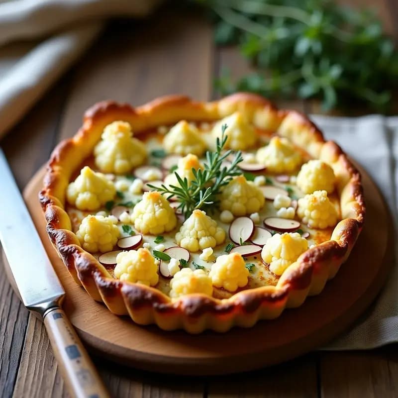 Tarta salada dorada de coliflor y queso de cabra en molde redondo, con almendras fileteadas y tomillo fresco, sobre tabla de madera rústica.