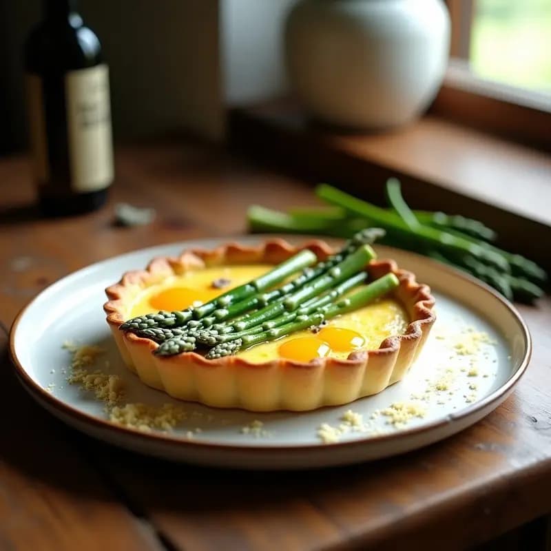 Tarta salada dorada con espárragos verdes dispuestos en abanico sobre una base crujiente, huevos trufados cuajados y un brillo de aceite de trufa, servida en un plato blanco rústico.