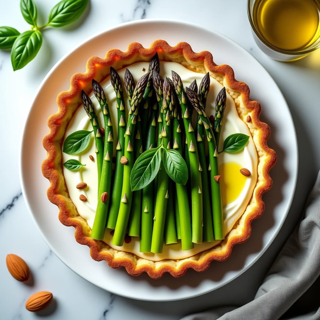 Tarta salada italiana sin horno con base cremosa de ricotta de almendras, decorada con espárragos verdes blanqueados en forma de estrella, tomates cherry y rúcula fresca, servida en molde desmontable.
