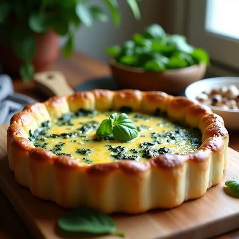 Tarta salada dorada en molde redondo con relleno verde de espinacas y champiñones, espolvoreada con queso Gruyère, receta Thermomix.