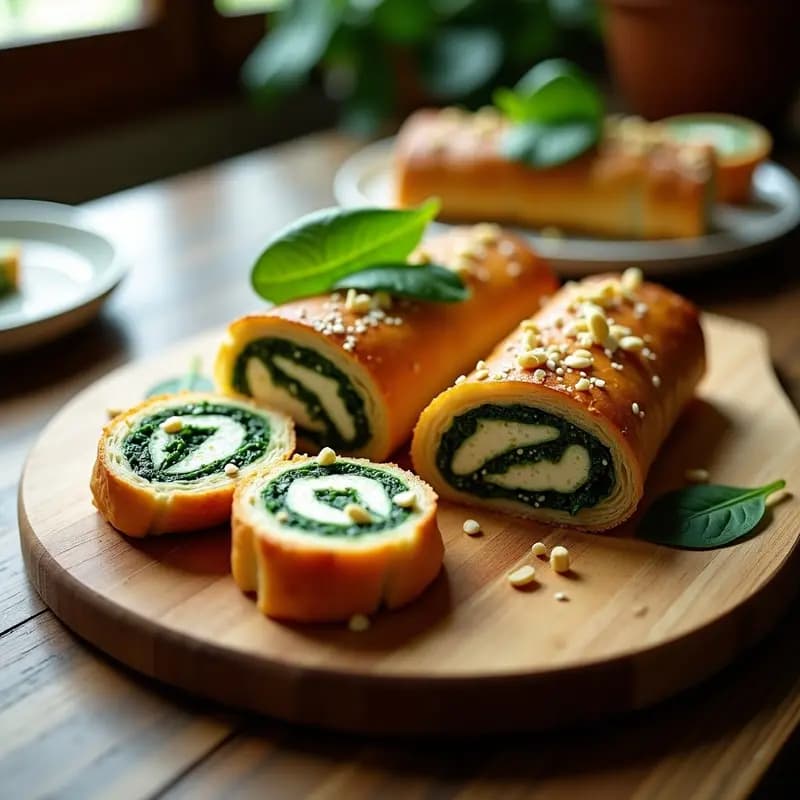 Tarta salada enrollada de espinacas y feta cortada en rodajas sobre una tabla de madera, mostrando capas de masa hojaldre dorada y relleno verde con trozos de queso feta.