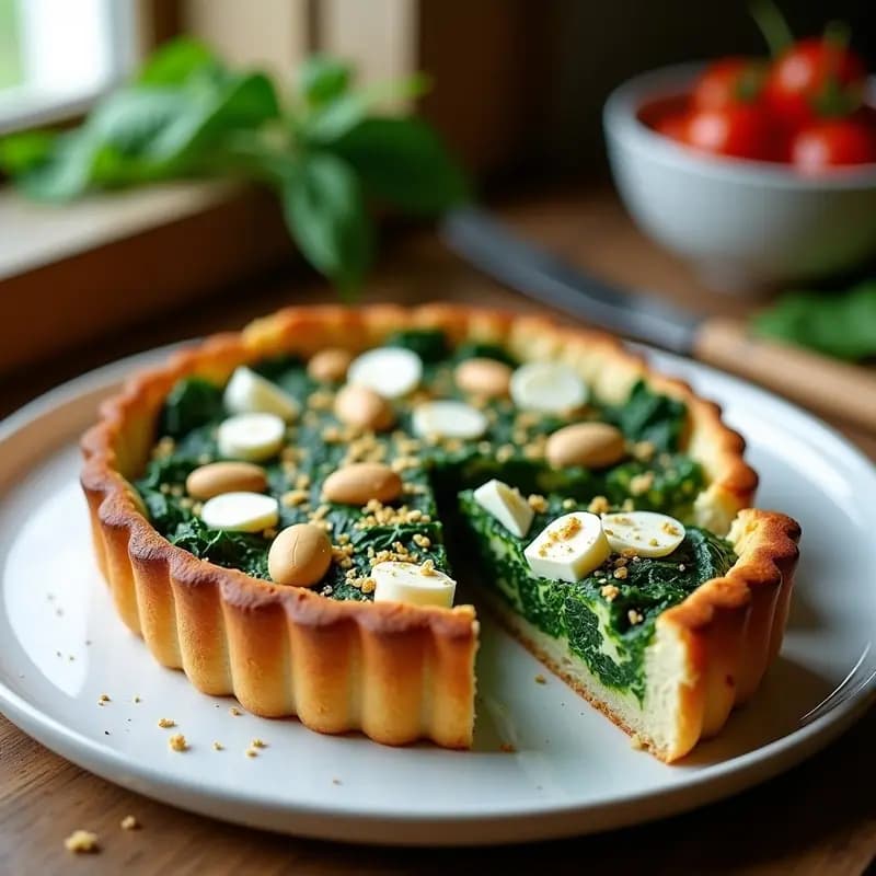 Tarta salada redonda con base dorada de harina de almendra, rellena de espinacas verdes y queso feta blanco, decorada con hilo de oro comestible y piñones tostados. Presentada en un plato de cerámica blanca sobre una mesa de madera.