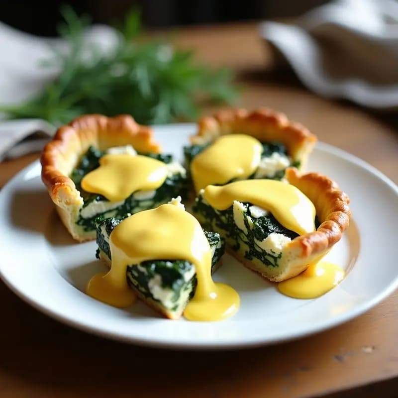 Tarta salada dorada con relleno verde de espinacas y trozos blancos de queso feta, servida en un plato blanco con salsa hollandaise cremosa por encima.