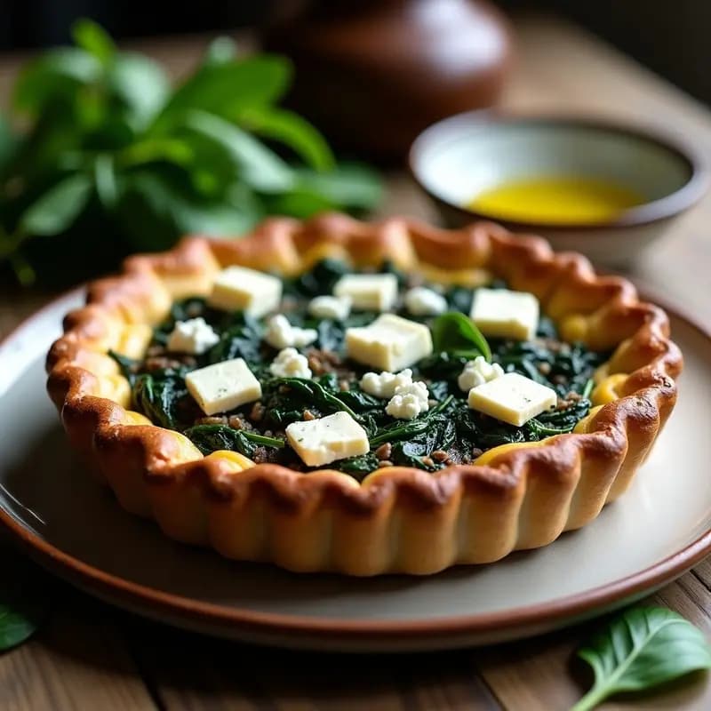 Tarta salada dorada con relleno verde de espinacas y trozos de hongo negro, servida en molde de cerámica sobre mesa de madera rústica.