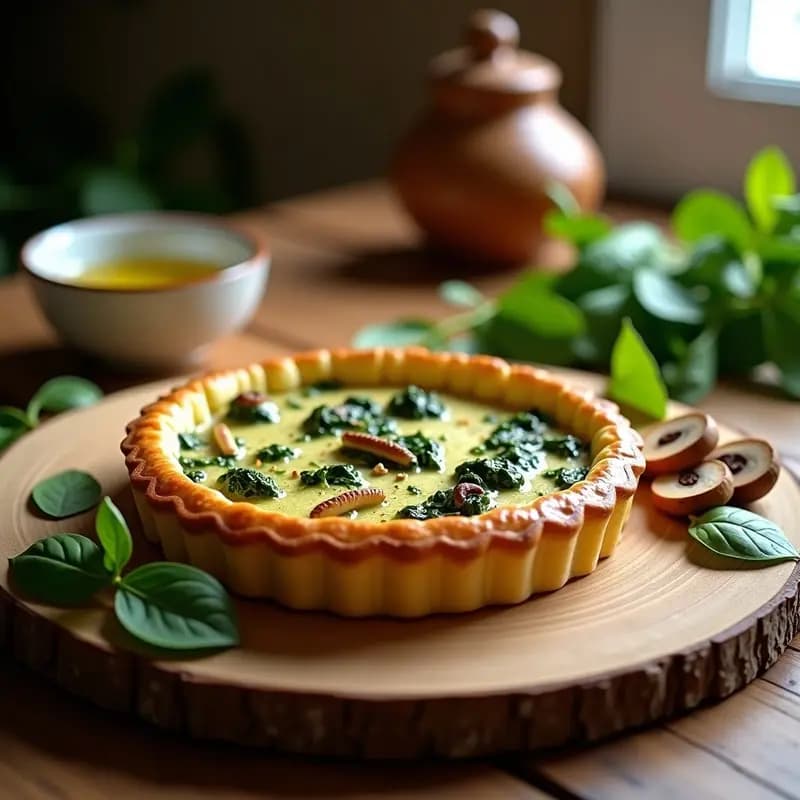 Tarta salada dorada de espinacas y hongo shitake en molde desmontable, con textura esponjosa y trozos visibles de verduras, servida en tabla de madera rústica.