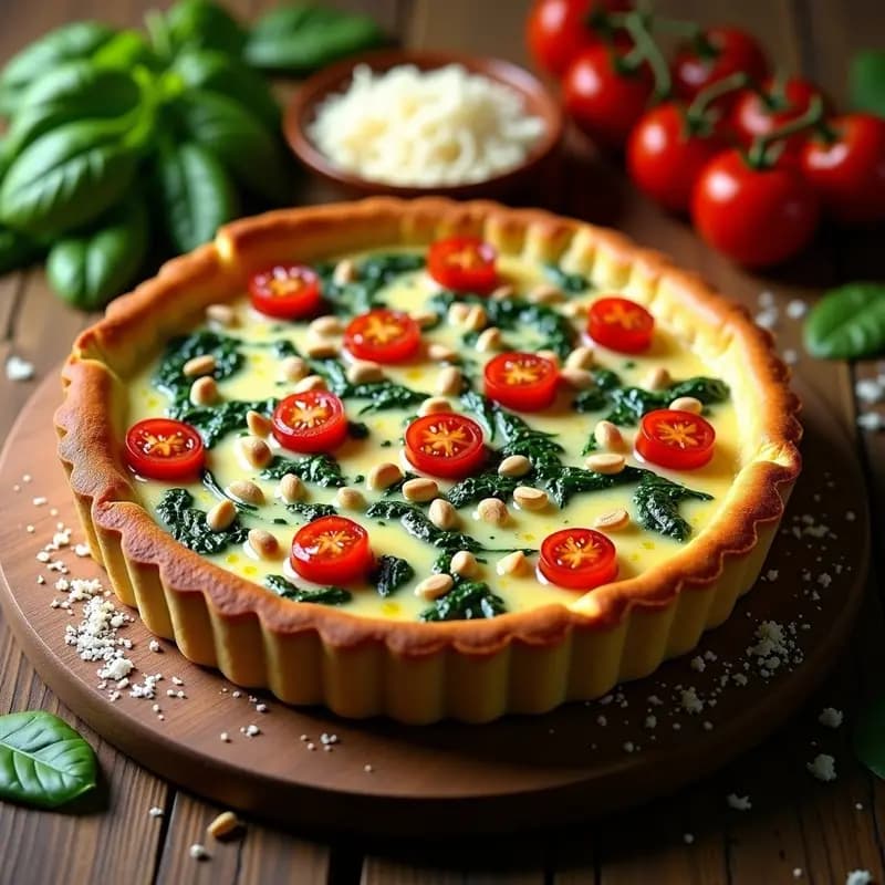 Tarta salada dorada sin masa con espinacas y ricotta, decorada con tomates cherry y piñones, servida en molde de horno sobre fondo rústico.