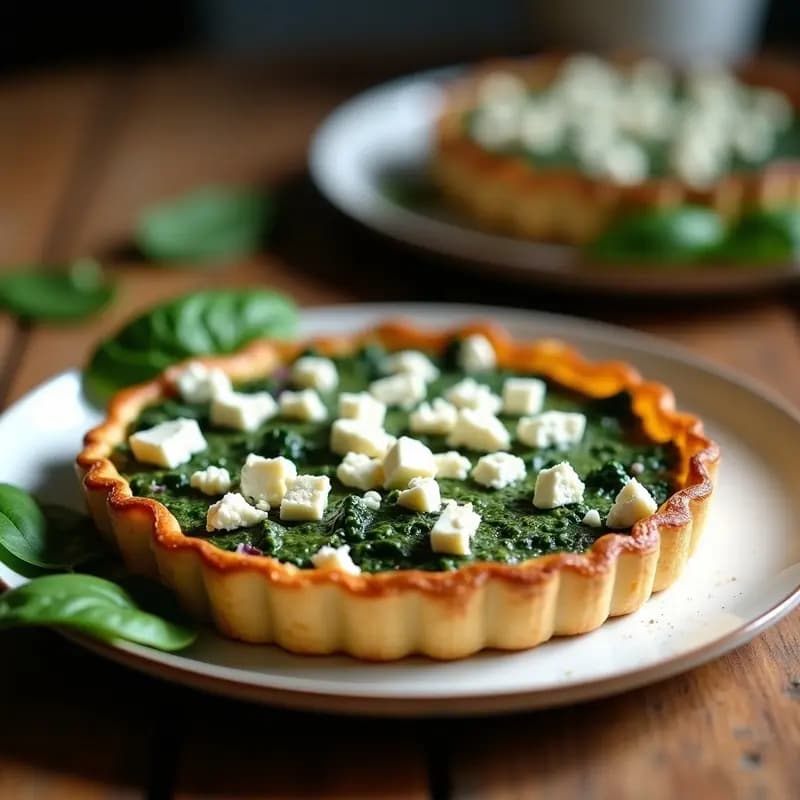 Tarta salada dorada con relleno verde de espinacas y tofu, coronada con queso feta desmenuzado, sobre fondo rústico de madera.