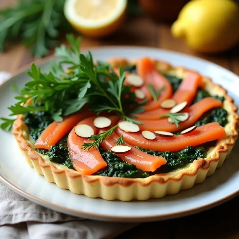 Tarta dorada de salmón ahumado y espinacas con base esponjosa de quark, decorada con almendras fileteadas y eneldo fresco, receta alta en proteína y sin harina.