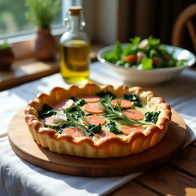 Tarta de salmón y espinacas sin gluten en molde redondo, con base dorada de harina de almendra, rellena de espinacas salteadas, cebolla morada y trozos de salmón rosado. Decorada con eneldo fresco y acompañada de ensalada verde.