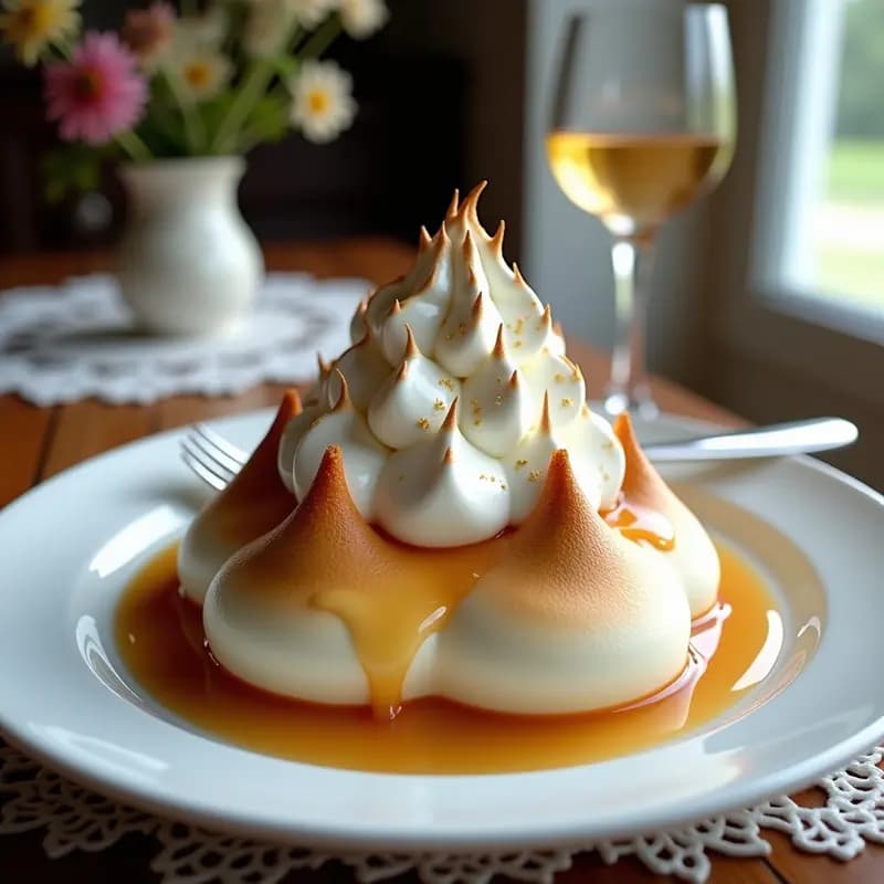 Tarta Salzburger Nockerl austriaca con base de caramelo dorado, merengue esponjoso y crema montada. Postre sin harina decorado con almendras molidas y servido en plato blanco elegante.