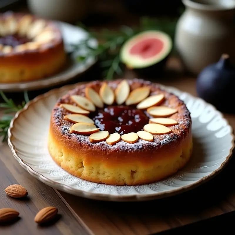 Tartea de Santiago tradicional con base dorada de almendra, cubierta por una capa brillante de mermelada de higo negro y espolvoreada con harina de almendra y almendras fileteadas. Postre español sin gluten sobre un plato de cerámica blanca con fondo rústico.