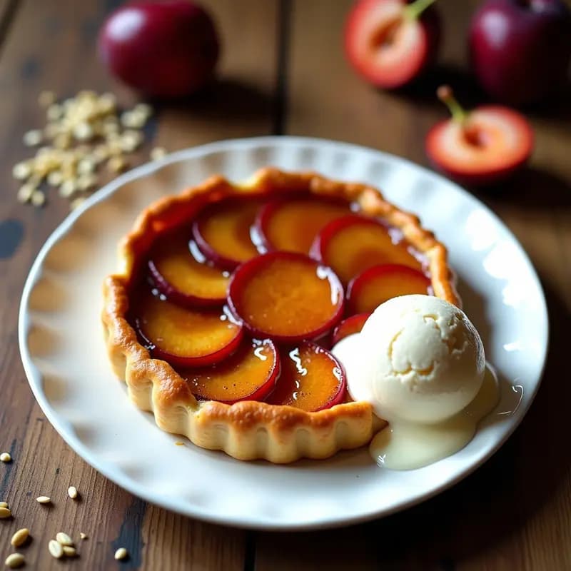 Tarta tatin de ciruelas y cardamomo invertida en plato blanco, con caramelo dorado brillante, ciruelas jugosas y masa crujiente. Postre francés elegante con toques especiados.