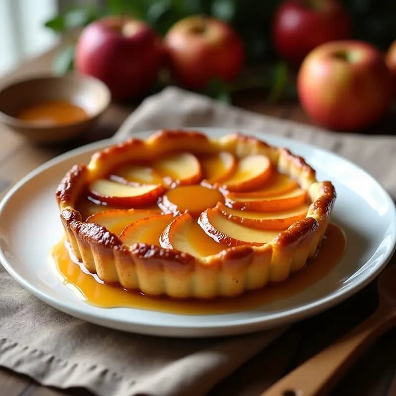 Tarta Tatin de Manzanas invertida sobre un plato blanco, con caramelo dorado brillando y masa quebrada crujiente. Rodajas de manzana caramelizadas asoman entre la masa. Fondo borroso con una cuchara de madera y un paño de lino.