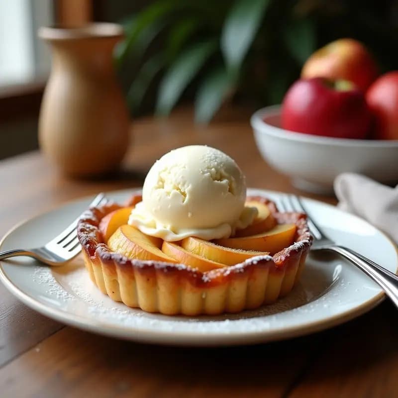Tarta Tatin de manzanas con helado de vainilla servida en plato blanco: manzanas caramelizadas doradas sobre masa quebrada crujiente, acompañada de bola de helado de vainilla bourbon con vetas cremosas. Fondos borrosos de cocina elegante con luz cálida.