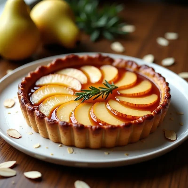 Tarta tatin de peras doradas invertida sobre un plato blanco, con caramelo de coconut sugar brillante y masa quebrada integral crujiente. Postre francés sin refinar, servido con una cuchara de madera y virutas de coco tostado.