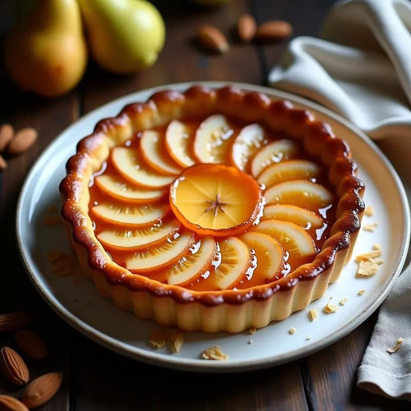 Tarta Tatin de peras y cardamomo sin lactosa con masa de almendra dorada, caramelo brillante y peras jugosas dispuestas en círculo. Postre francés elegante y libre de lácteos.