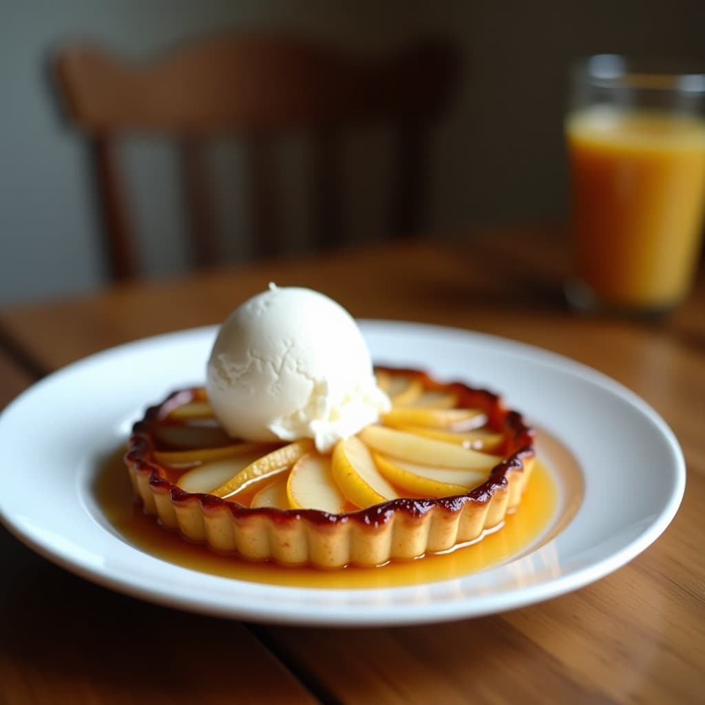 Tarta Tatin de Peras y Jengibre con Helado de Coco: postre francés sin lácteos. Peras caramelizadas doradas con base crujiente de almendra, servida en plato blanco con bola de helado de coco cremoso y coco rallado espolvoreado.