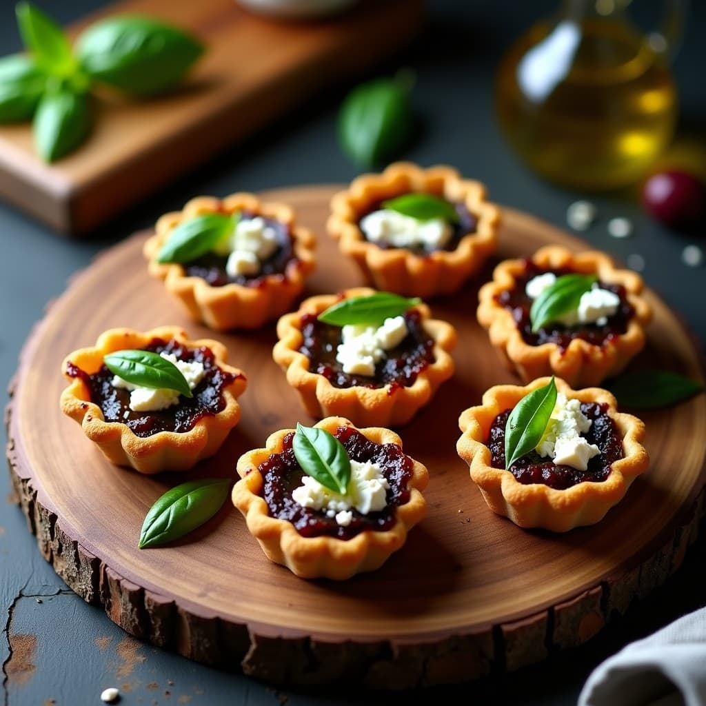 Tartaletas keto griegas con base dorada de almendra y sésamo, rellenas de tapenade de aceituna Kalamata y tomate seco, decoradas con queso feta desmenuzado y hojas de albahaca fresca sobre un plato de madera rústica.