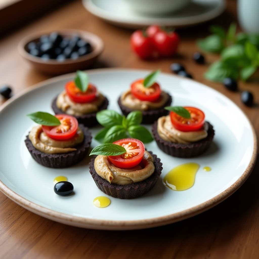 Tartaletas griegas sin gluten con base oscura de aceituna negra desmenuzada y relleno cremoso de berenjena ahumada, decoradas con rodajas de tomate cherry rojo y hojas de albahaca fresca sobre un plato de cerámica blanca.