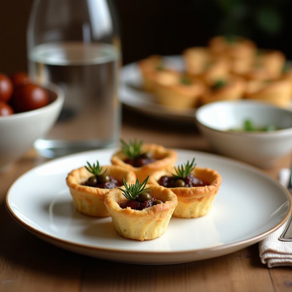 Tartaletas doradas de masa de almendra rellenas de una pasta oscura de aceitunas negras y alcaparras, decoradas con media aceituna kalamata en el centro. Plato de cerámica blanca sobre fondo rústico de madera, con hierbas provenzales y ralladura de limón como detalles. Receta de aperitivo mediterráneo sin gluten.