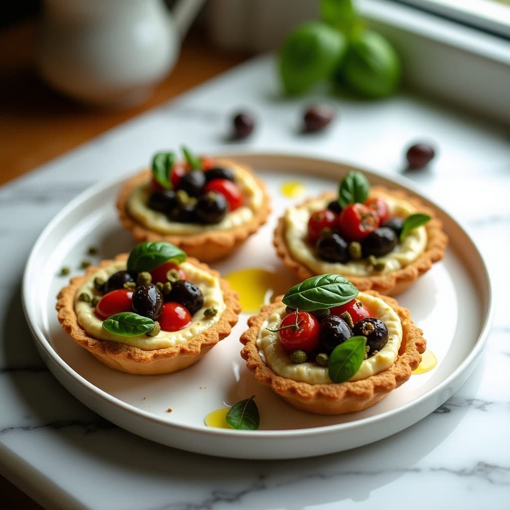Tartaleta vegana griega sin horno con base dorada de semillas, rellena de crema de queso feta vegano blanco y picadillo de aceitunas Kalamata negras, decorada con hojas de albahaca fresca y un hilo de aceite de oliva.
