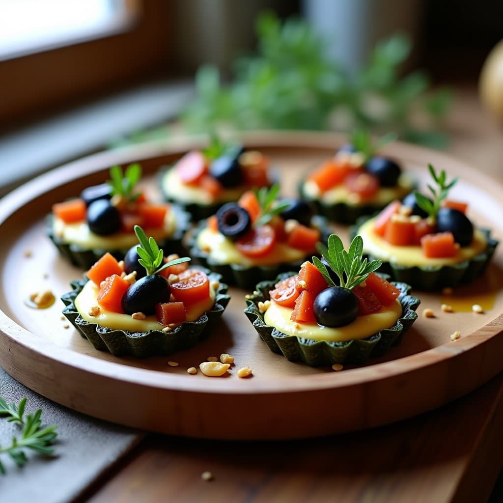 Tartaletas veganas griegas con base crujiente de alga nori, rellenas de cremoso queso de anacardos y coronadas con aceitunas Kalamata picadas, tomates secos y semillas de sésamo, servidas en bandeja de madera.