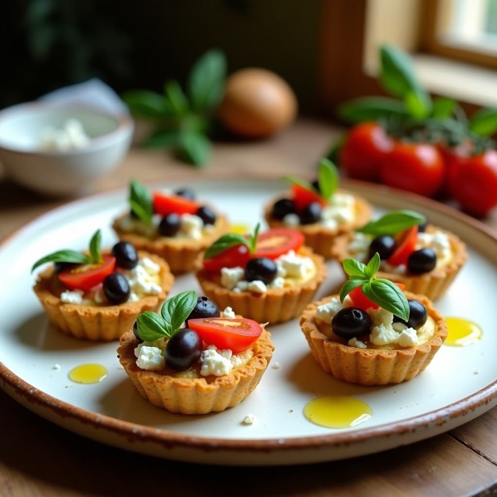 Tartaleta keto con base dorada de semillas de girasol, rellena de queso feta desmenuzado, aceitunas Kalamata en láminas y tomates cherry, decorada con hojas de albahaca fresca y un hilo de aceite de oliva sobre un plato rústico de cerámica.