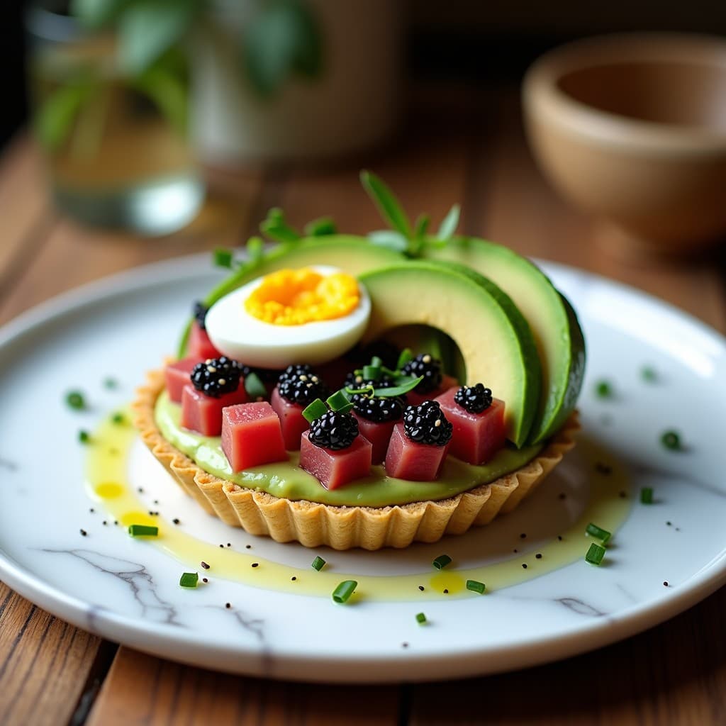 Tartaleta gourmet con base crujiente de quinoa y lino, rellena de crema de aguacate verde, láminas de aguacate en abanico, dados de atún rojo fresco, caviar de berenjena ahumada oscura y huevos de codorniz cortados por la mitad, decorada con sésamo negro y cebollino picado.