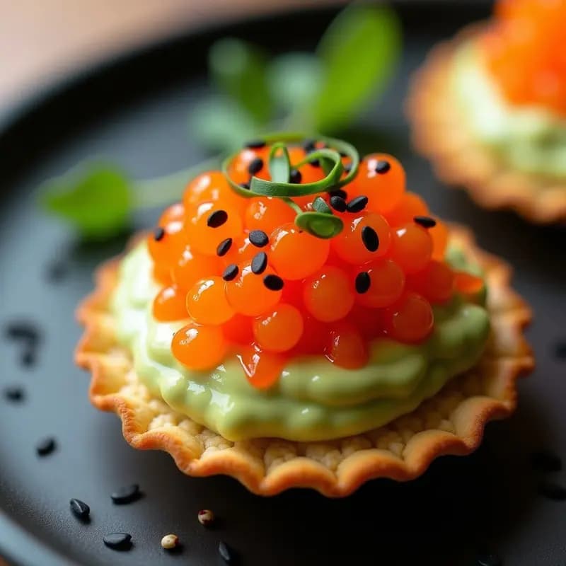 Tartaleta de aguacate y huevas de tobiko con salsa sriracha, entrante japonés gourmet con base crujiente de sésamo negro, relleno cremoso de aguacate y queso, decorado con huevas naranjas, salsa picante roja y cebollino fresco.
